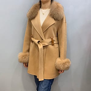 Women Winter with Belt Real Fox Fur Collar and Cuff Wool Coat Cashmere Coat Jacket