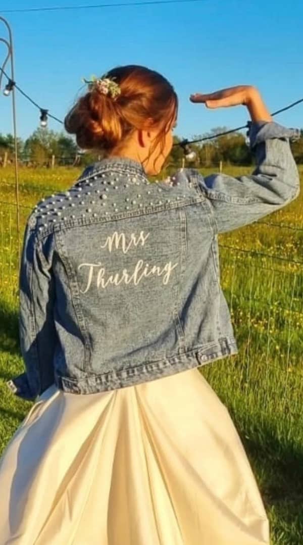 2021 Hot Selling custom Women Pearl Denim jacket Beaded Jackets Loose And Thin  New Short Style wedding Denim Coat - Image 3