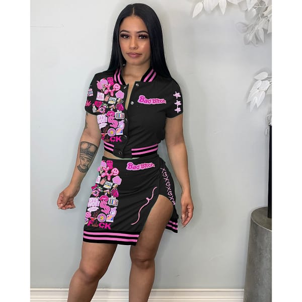 Summer 2xl Streetwear Letter Graffiti T Shirt And Split Skirt Set Women Button Up Crop Top Two Piece Mini Skirts Set Clothing - Image 3