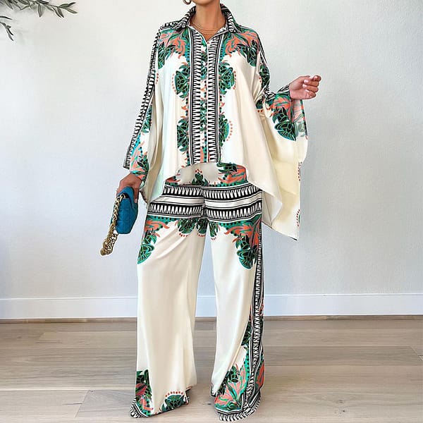 ZL2006 New Design Summer Batwing Sleeve Printed Shirt And Pants Set Loose Top Wide Leg Pants Set Women Two Piece Pants Set