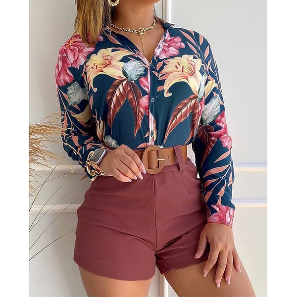 Women Floral Print Tracksuit Turn-down Collar Long Sleeve Tie Front Causal Top Blouse and pant sets  Women Shirts Set - Image 3