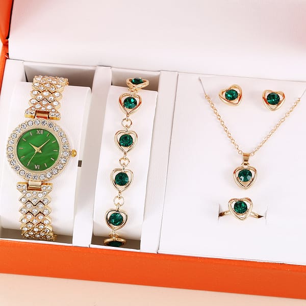 5PCS Set Fashion Temperament Luxury Boutique Set Gift Box full Diamond Watch + Bracelet + Ring + Earrings Necklace Gift Set - Image 2