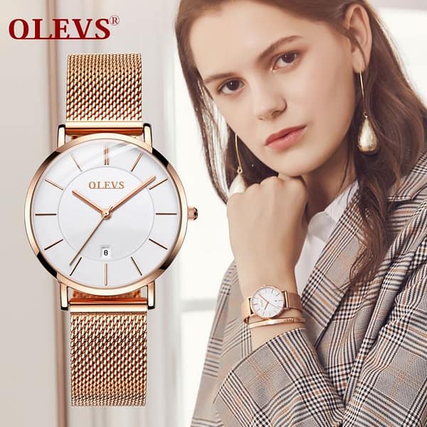 OLEVS 5869 elegant rose gold womens quartz watch clear crystals big dial date display Simple Casual wrist watch - Image 3