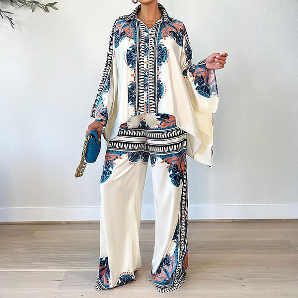 New printed blouse shirt top and long wide leg formal business pant two piece suit sets for women