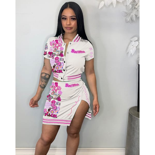 Summer 2xl Streetwear Letter Graffiti T Shirt And Split Skirt Set Women Button Up Crop Top Two Piece Mini Skirts Set Clothing