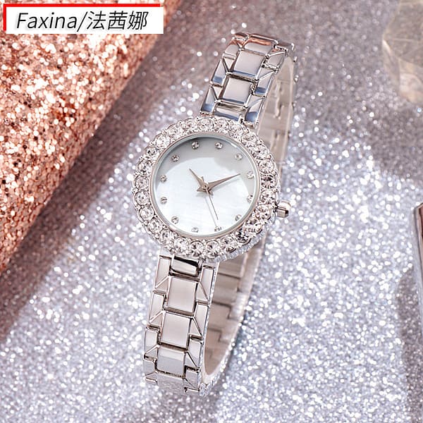 Fashionable Ladies Boutique Set Diamond Watch + Bracelet + Ring + Earrings + Necklace Sparkling Jewelry Set - Image 3