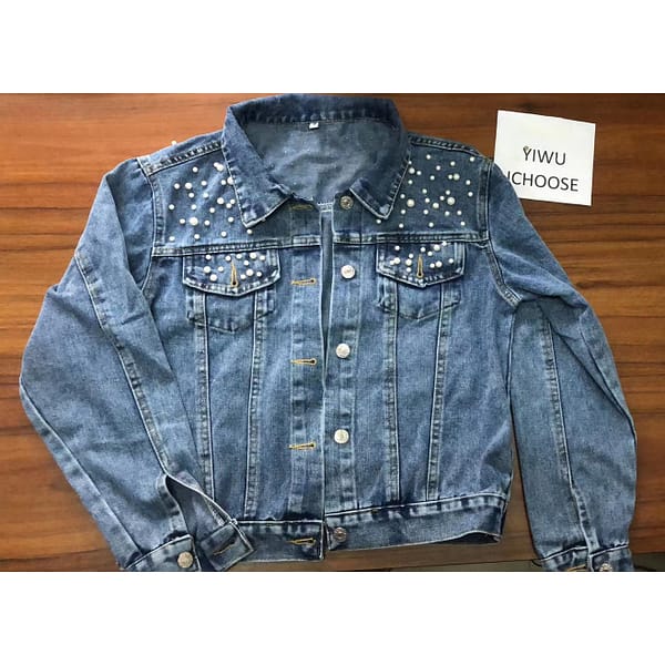 Pearl beaded ladies denim jeans jackets coat casual bomber jean jacket for women - Image 3