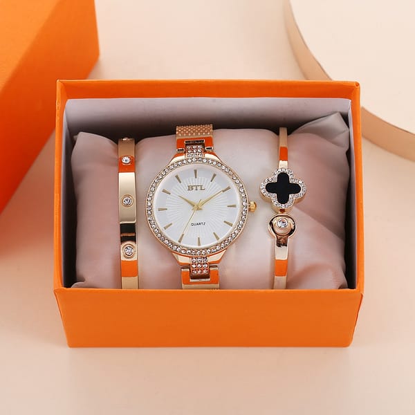 Stylish Minimalist Gold Diamond Women Gift Watch Sets Quartz Ladies  Sets Quartz Ladies Simple Wrist Watch Box Bracelet Set