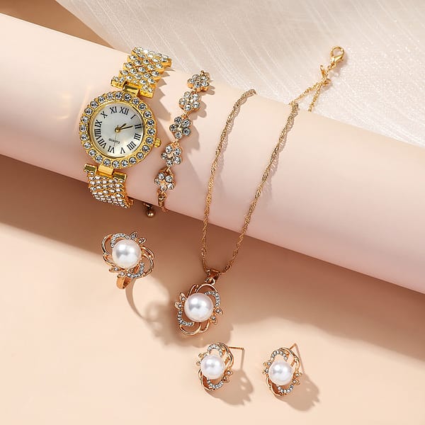 Luxury Bling Iced Out Diamond Quartz Women Watch Set Gold Jewelry Gift Lady Watch Set - Image 2