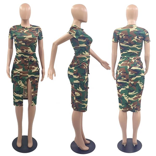 New trendy summer sexy crop top t shirt and cargo skirt set slit camo camouflage print skirt sets women 2 piece outfits 2023