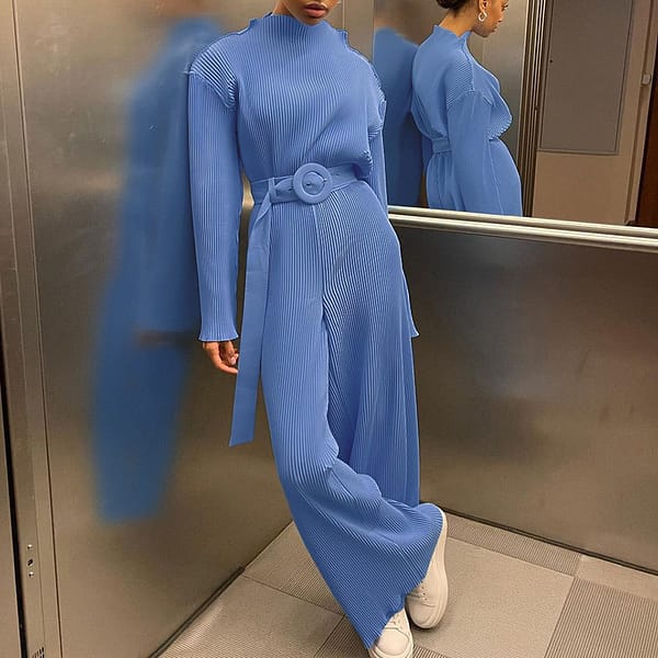 Women Clothing Casual Outfits Solid Color Pleated Long Sleeve Shirt Top And Wide Leg Pants trousers 2 piece set women fall 2022