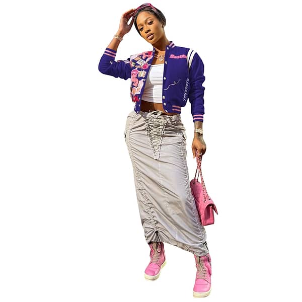 In Stock 2023 Fashion Baseball Jacket Women Print Pink Coat Varsity Jacket For Spring - Image 3