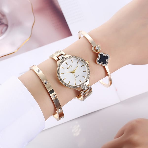 Stylish Minimalist Gold Diamond Women Gift Watch Sets Quartz Ladies  Sets Quartz Ladies Simple Wrist Watch Box Bracelet Set - Image 2