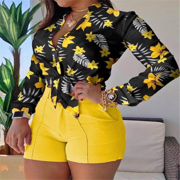 Women Floral Print Tracksuit Turn-down Collar Long Sleeve Tie Front Causal Top Blouse and pant sets  Women Shirts Set