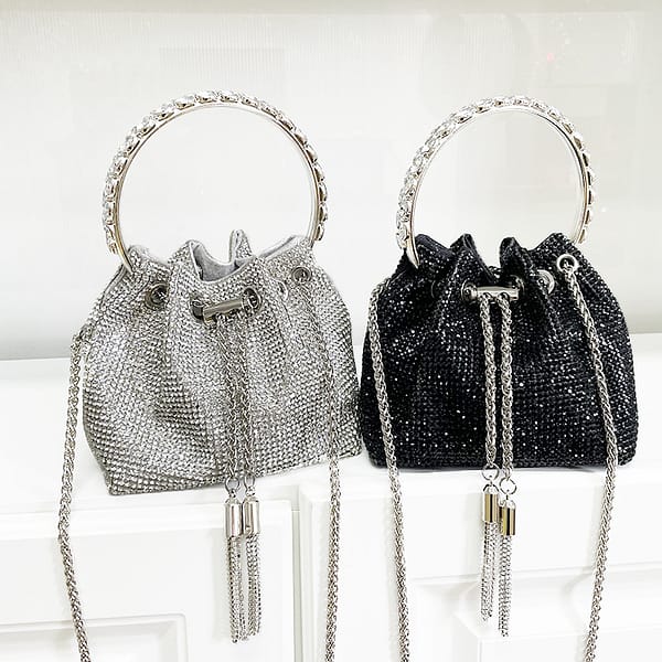 2022 Luxury trendy bling tassel bucket purse tote handbag crystal rhinestone evening bag - Image 2