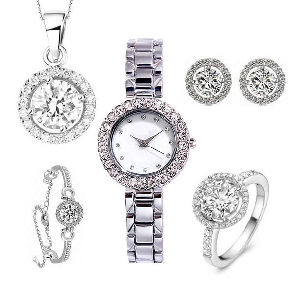 Fashionable Ladies Boutique Set Diamond Watch + Bracelet + Ring + Earrings + Necklace Sparkling Jewelry Set