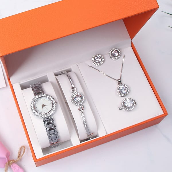 Fashionable Ladies Boutique Set Diamond Watch + Bracelet + Ring + Earrings + Necklace Sparkling Jewelry Set - Image 2