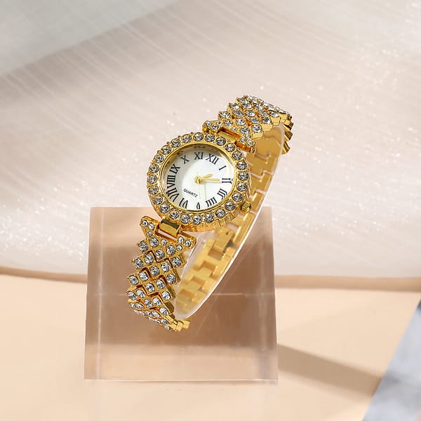 Luxury Bling Iced Out Diamond Quartz Women Watch Set Gold Jewelry Gift Lady Watch Set - Image 3