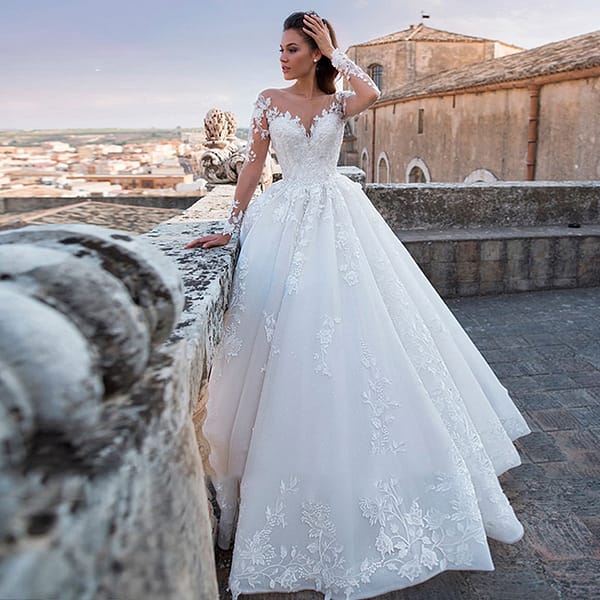 White/Ivory Elegant Wedding Dresses 2022 Illusion Long Sleeves Appliques Lace Bride Dresses Princess Tulle Backless Wedding Gown - Image 3