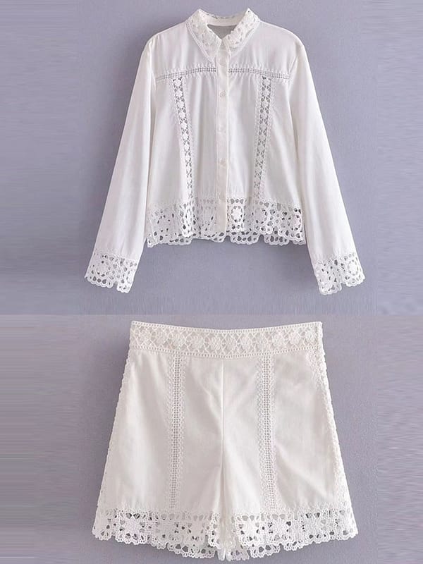 2023summer Women Sweet Suits 2 Piece Sets White Lace Shirts Tops And Shorts Female Fashion Street Two Pieces Clothing