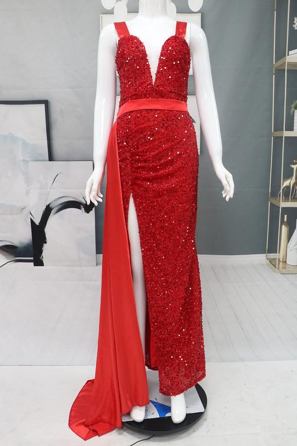 women's Sequin tassel Slim bodycon off the shoulder red sexy satin evening dress - Image 3